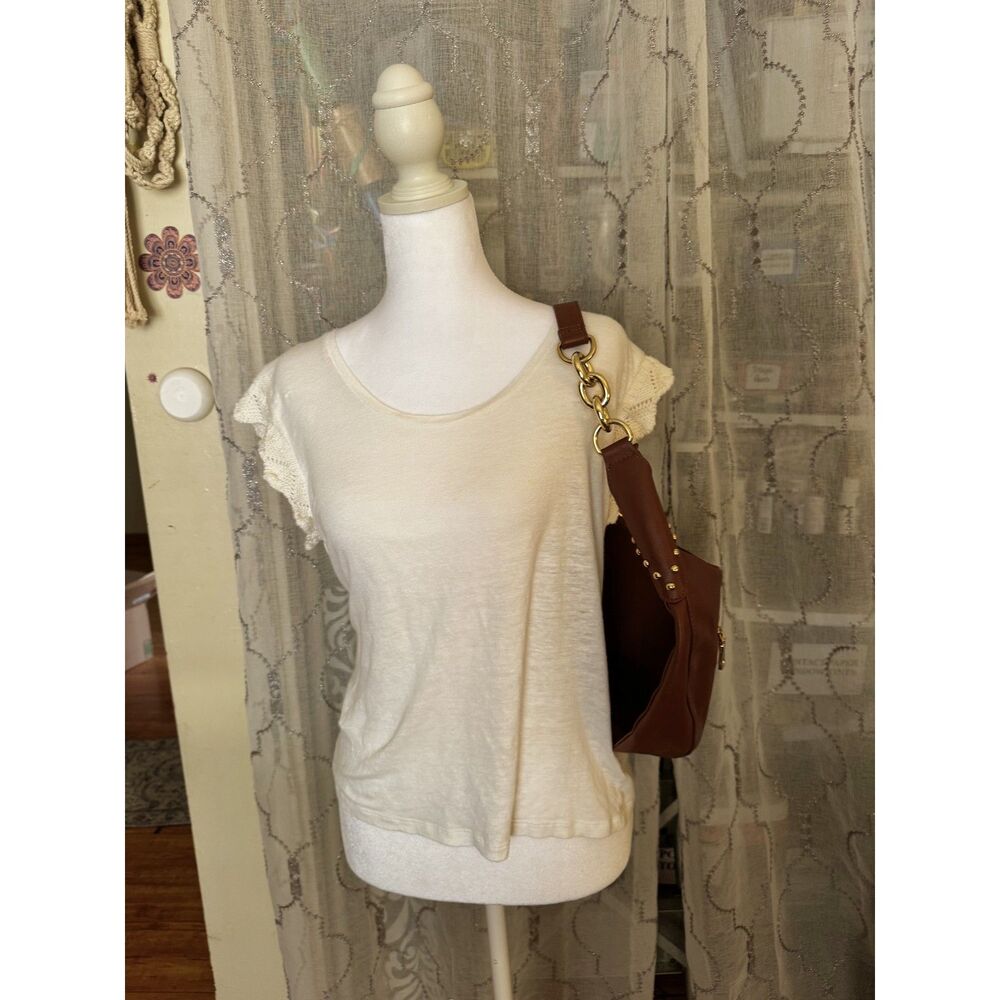 Claudie Pierlot Paris Size 2 Ivory 100% Linen Crochet Ruffle Sleeve Top